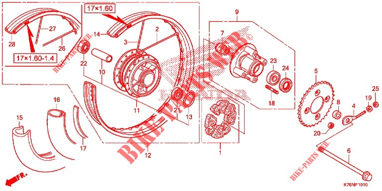 REAR WHEEL   (RAYON) for Honda EX5 110 Electric start, spoked wheels 2020