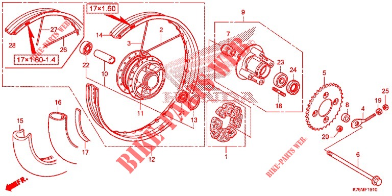 REAR WHEEL   (RAYON) for Honda EX5 110 Electric start, spoked wheels 2021